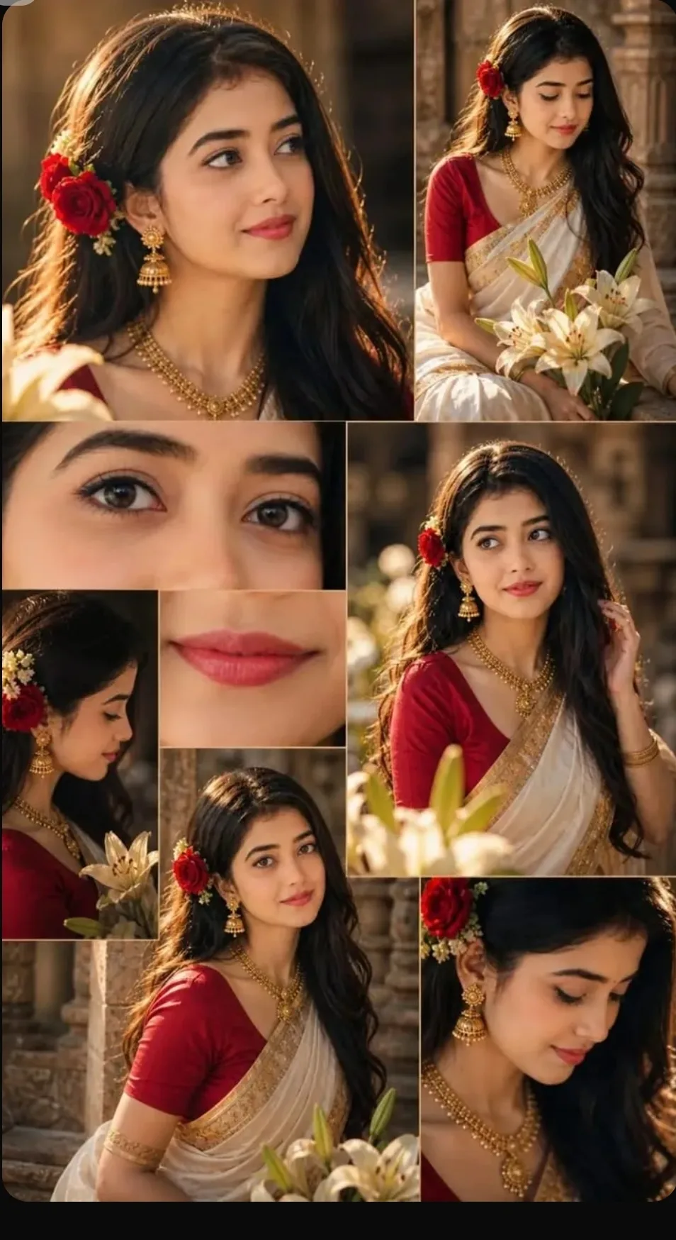 A photorealistic cinematic portrait of a beautiful young Indian woman wearing an elegant ivory-white saree with a rich antique-gold zari