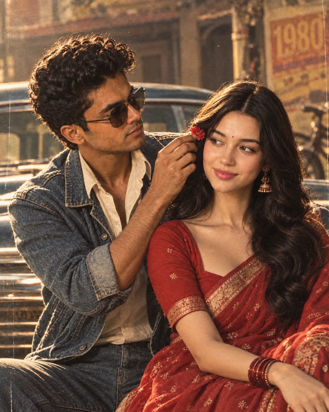 Create an ultra-realistic cinematic 1980s Indian romantic film still using the uploaded image as the primary reference.