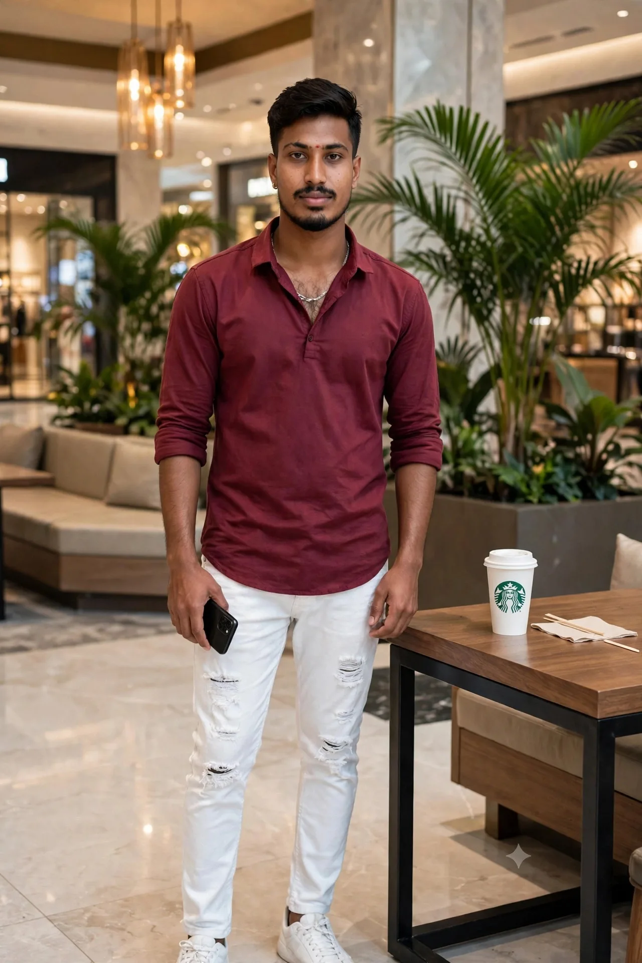 A stylish young Indian man standing in a luxury mall lobby, wearing maroon long sleeve shirt with sleeves rolled, white ripped jeans, white