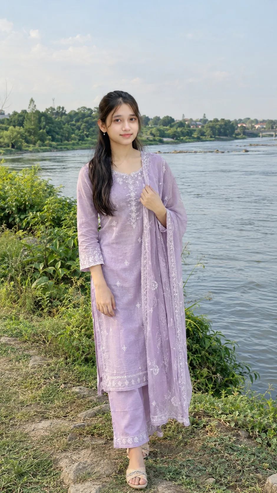 Ultra realistic full body photograph of a young woman standing by a calm river during daytime, shot on a real DSLR camera.