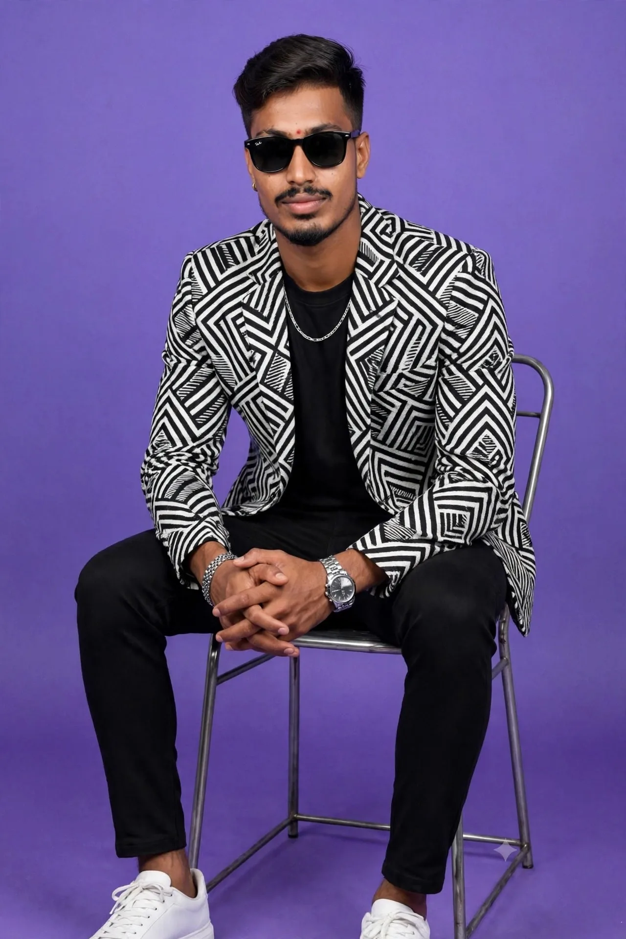 A stylish young Indian man sitting on a modern metal chair, purple studio background, wearing black and white geometric patterned blazer,
