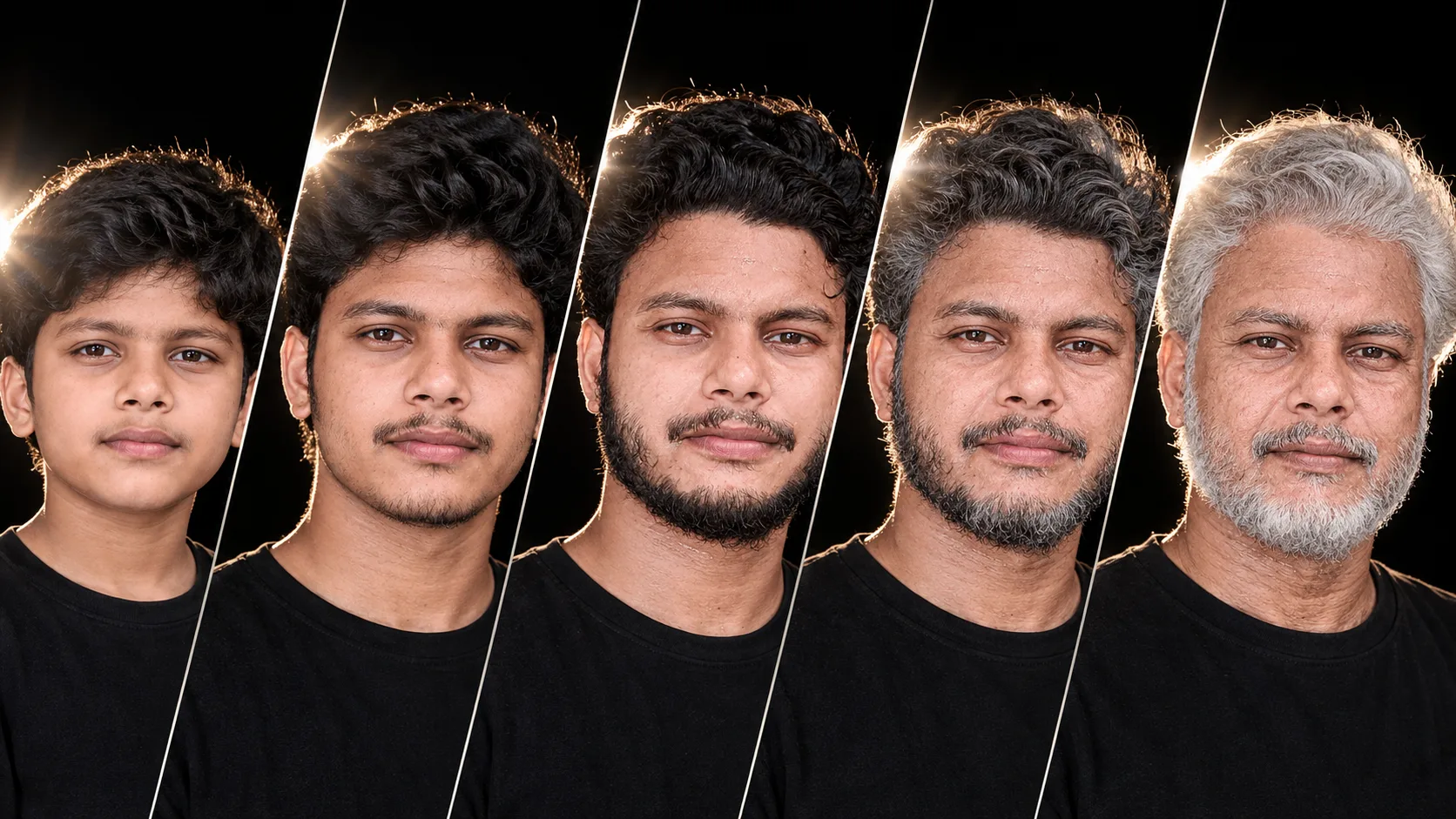 A high-quality studio photograph presented in a multi-panel collage format, separated by five diagonal slices against a solid black