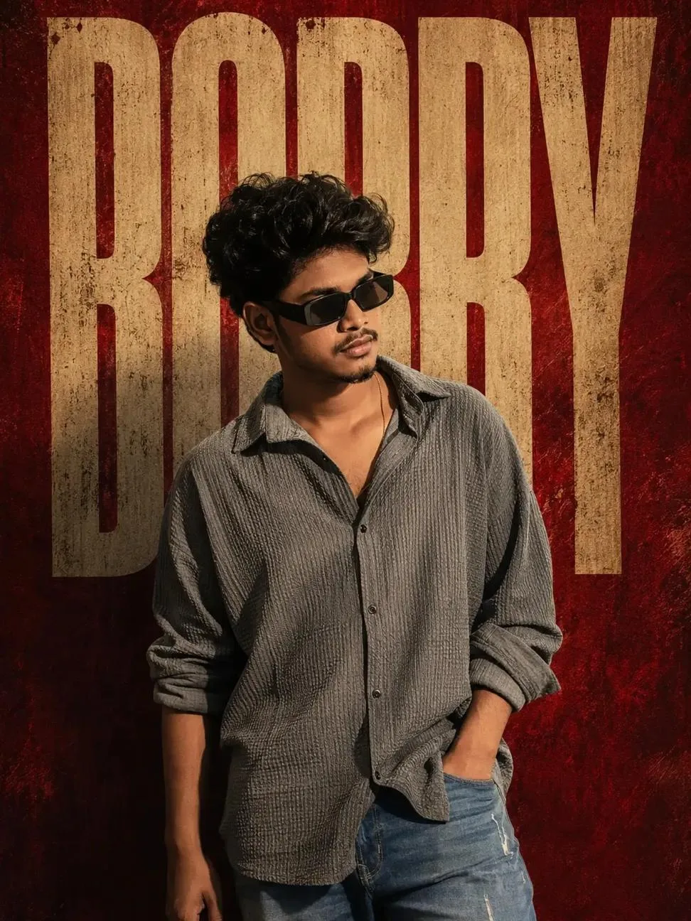 Ultra-stylized cinematic poster design featuring a confident young South Indian man with messy curly layered hair, light beard, and black