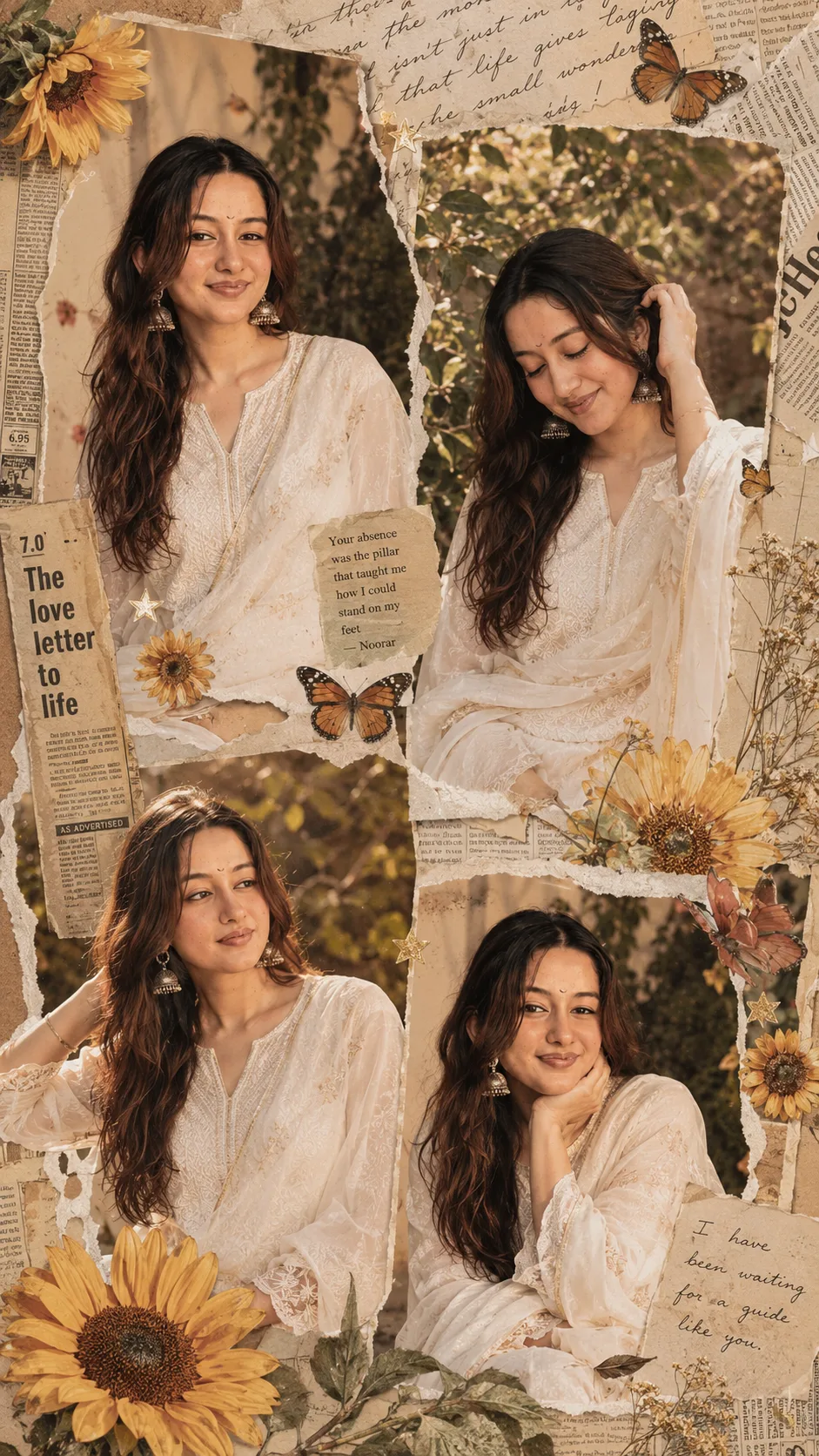 Create a warm vintage scrapbook collage of the same Indian woman in four different poses, wearing a white embroidered kurta, sheer dupatta