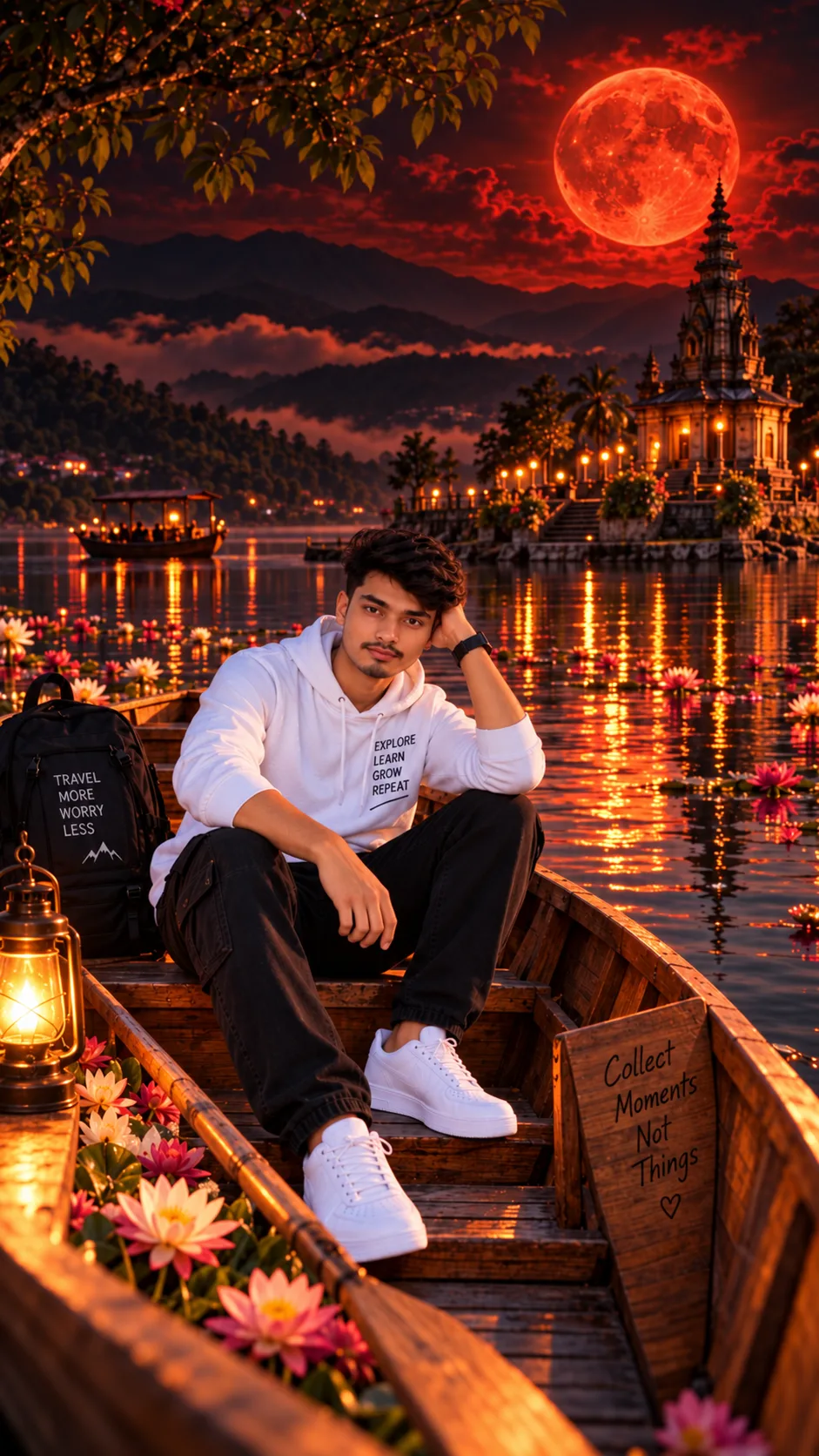 Create a vertical 9:16 cinematic night scene: a person sitting naturally inside a traditional wooden boat floating on a lotus-covered lake,