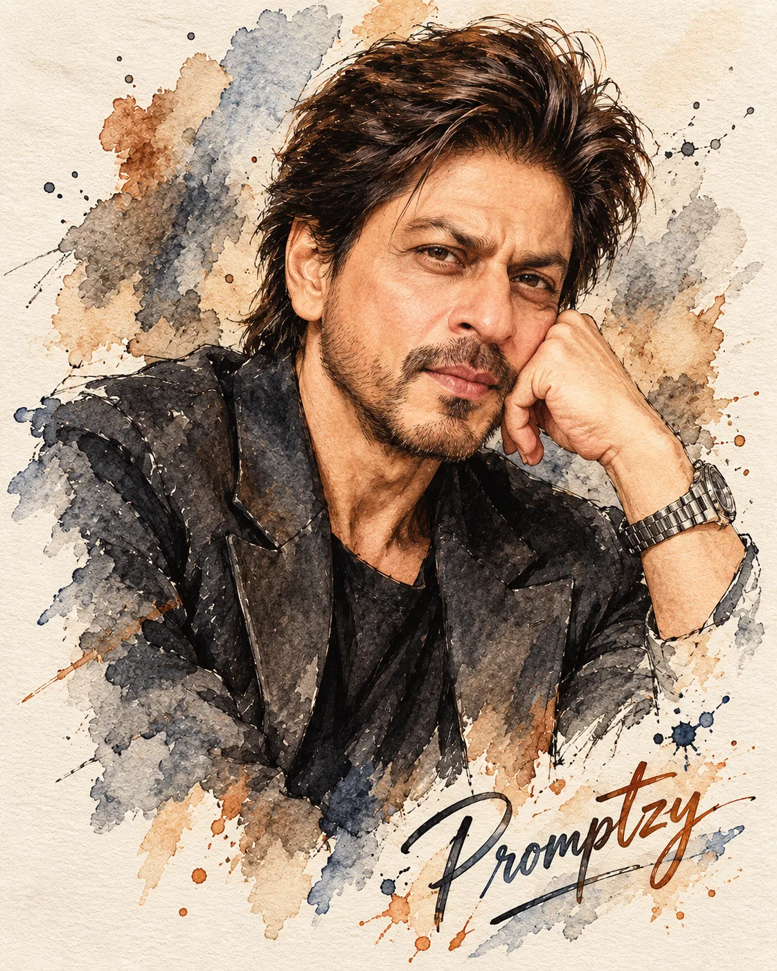 Create a premium hand-painted watercolor and ink portrait using the uploaded image as the exact subject reference.