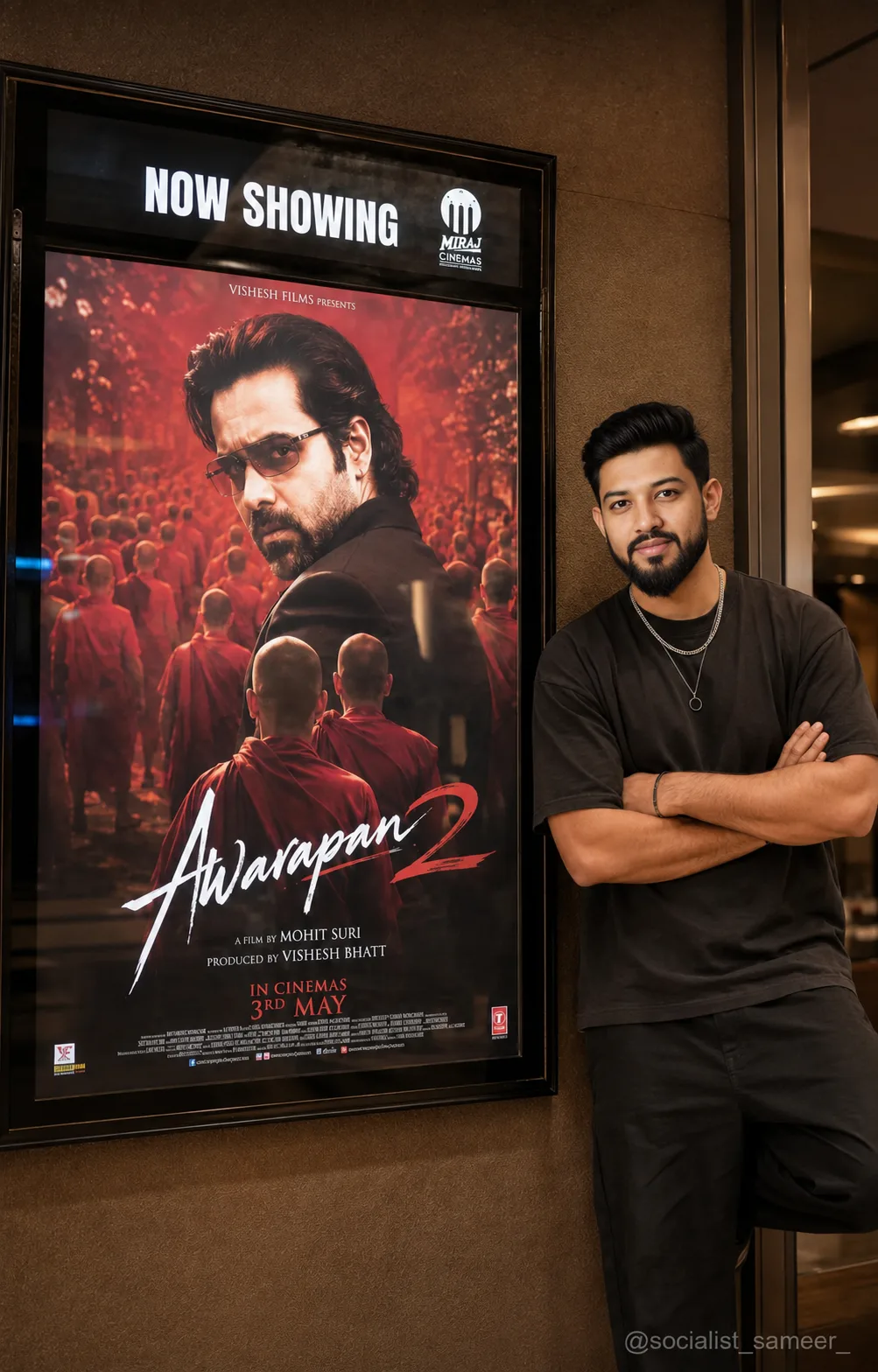 Replace only the person standing beside the poster with the uploaded person.
