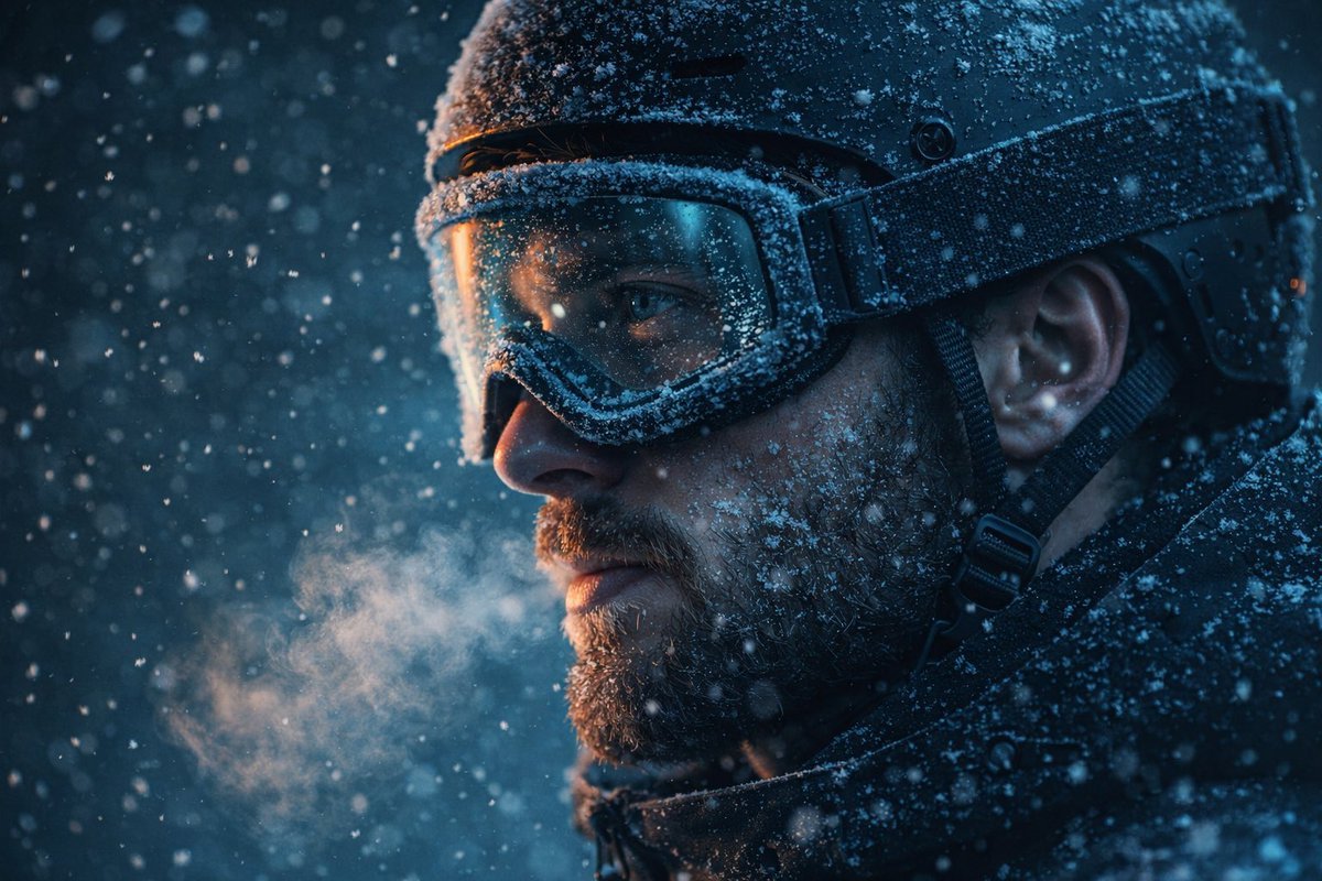 Use the uploaded picture as a reference to create A hyper-realistic cinematic close-up portrait of a winter sports athlete, side profile,