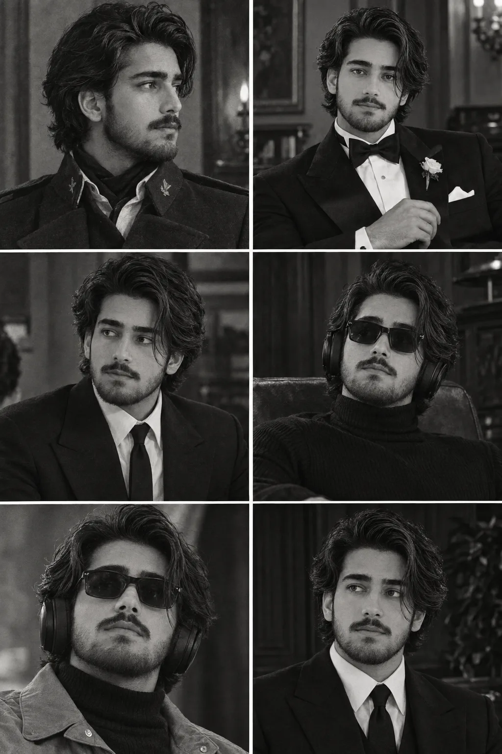 ### 1. Top-left — Vintage military/formal portrait > **Ultra-realistic black-and-white cinematic portrait of a handsome young adult man in