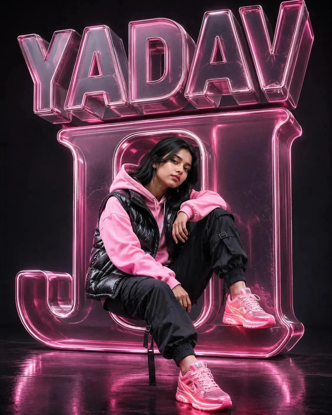 Fashion portrait in glass letter