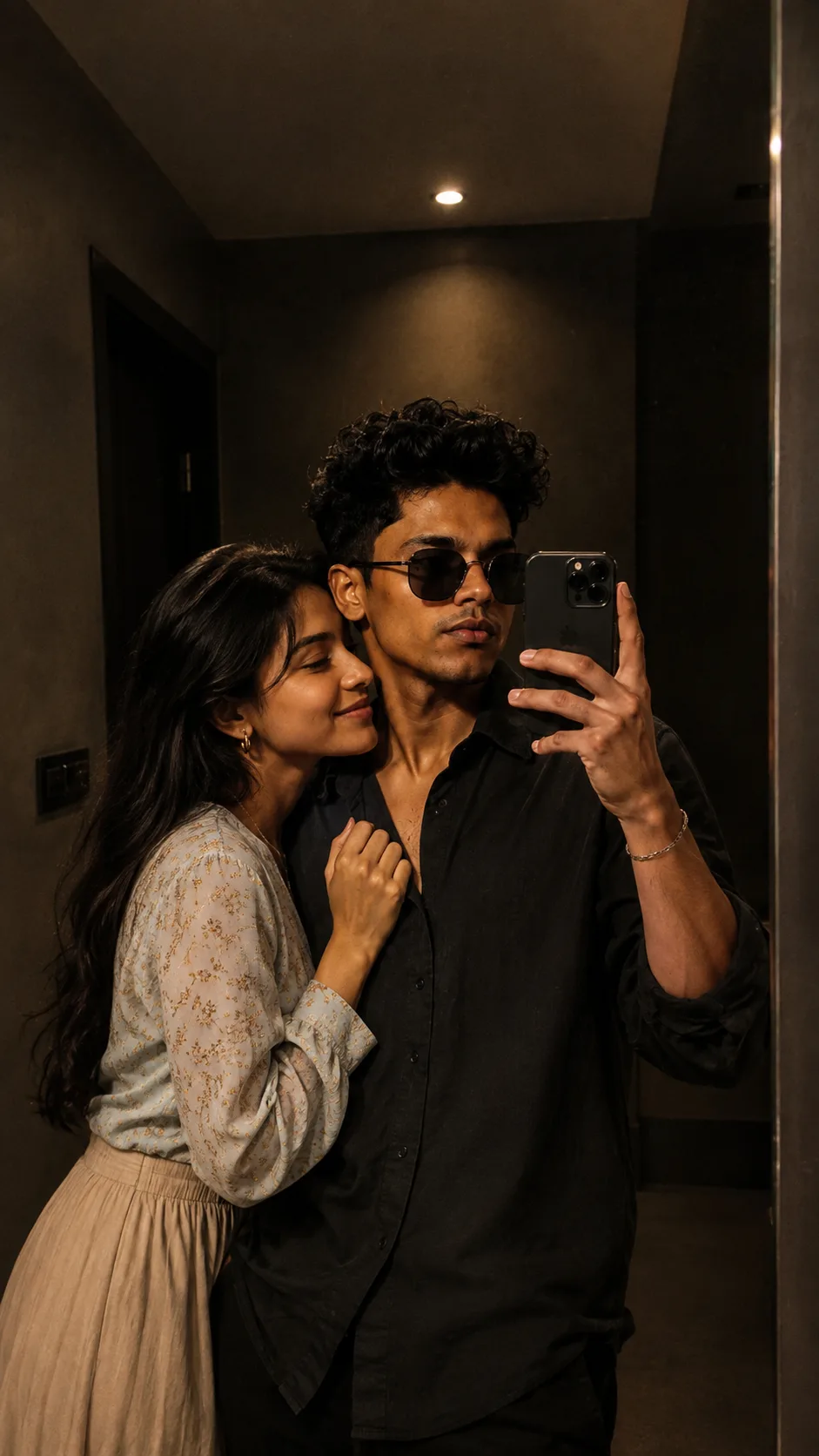 > Ultra-realistic cinematic mirror selfie of a young South Asian couple standing very close together inside a stylish dimly lit modern