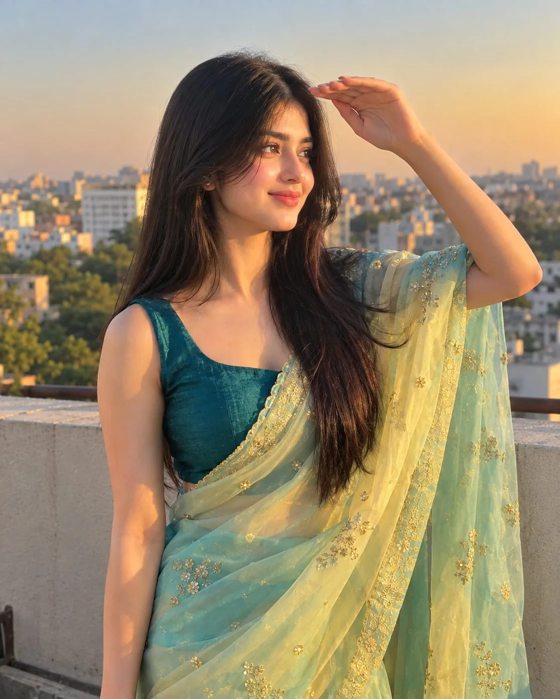 Create an ultra-realistic, high-detail vertical portrait photograph (4:5) of a young South Asian woman standing gracefully on a rooftop