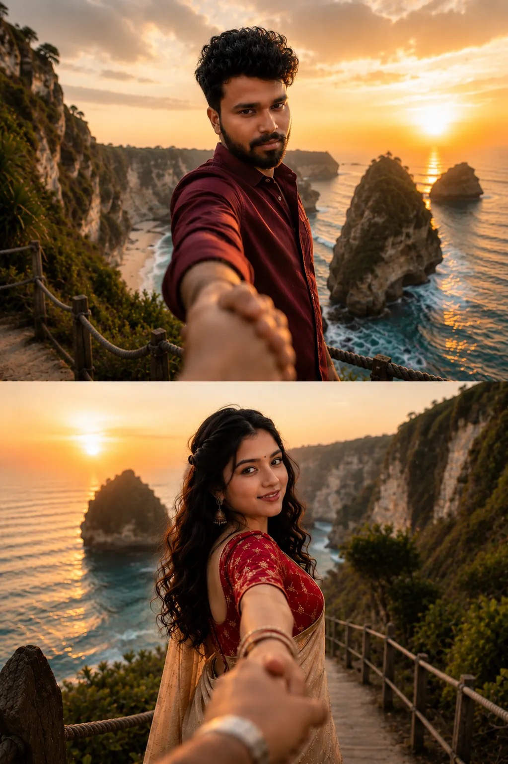 Ultra-realistic cinematic travel couple portrait in the famous "follow me" pose at a breathtaking tropical cliffside viewpoint during