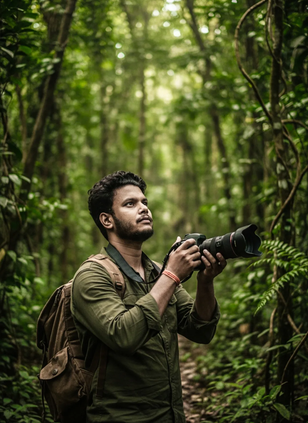 * Subject: A young male wildlife photographer with curly dark hair and a neat beard, wearing a green button-down shirt and a brown canvas