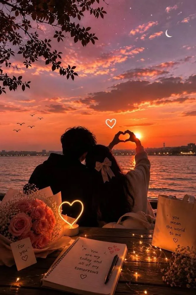 Silhouette of a young couple sitting closely together on a wooden dock by the sea, viewed from behind.