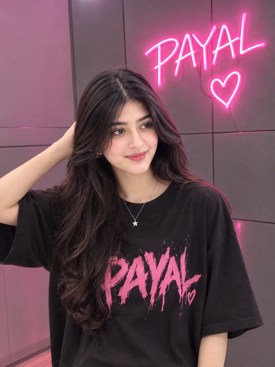 Ultra-realistic aesthetic portrait of a young woman with long, silky dark-brown hair, wearing an oversized black T-shirt with bold pink