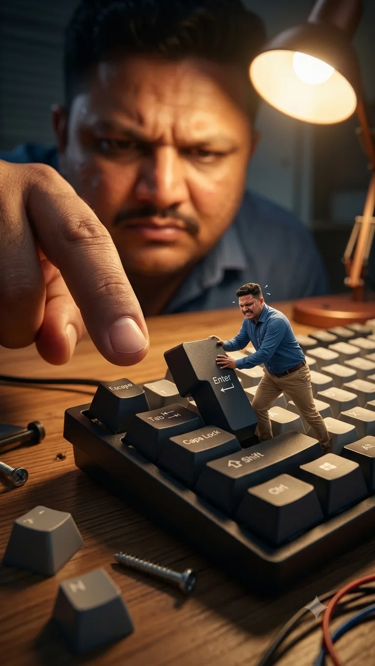 Create a cinematic, hyper-realistic 8K photograph of a giant man sitting behind a cluttered wooden desk, intensely focused and frustrated