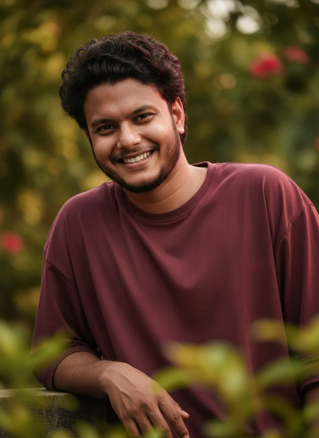 A photorealistic outdoor portrait of a young South Asian man in his mid-20s, smiling brightly and showing white teeth, looking slightly to
