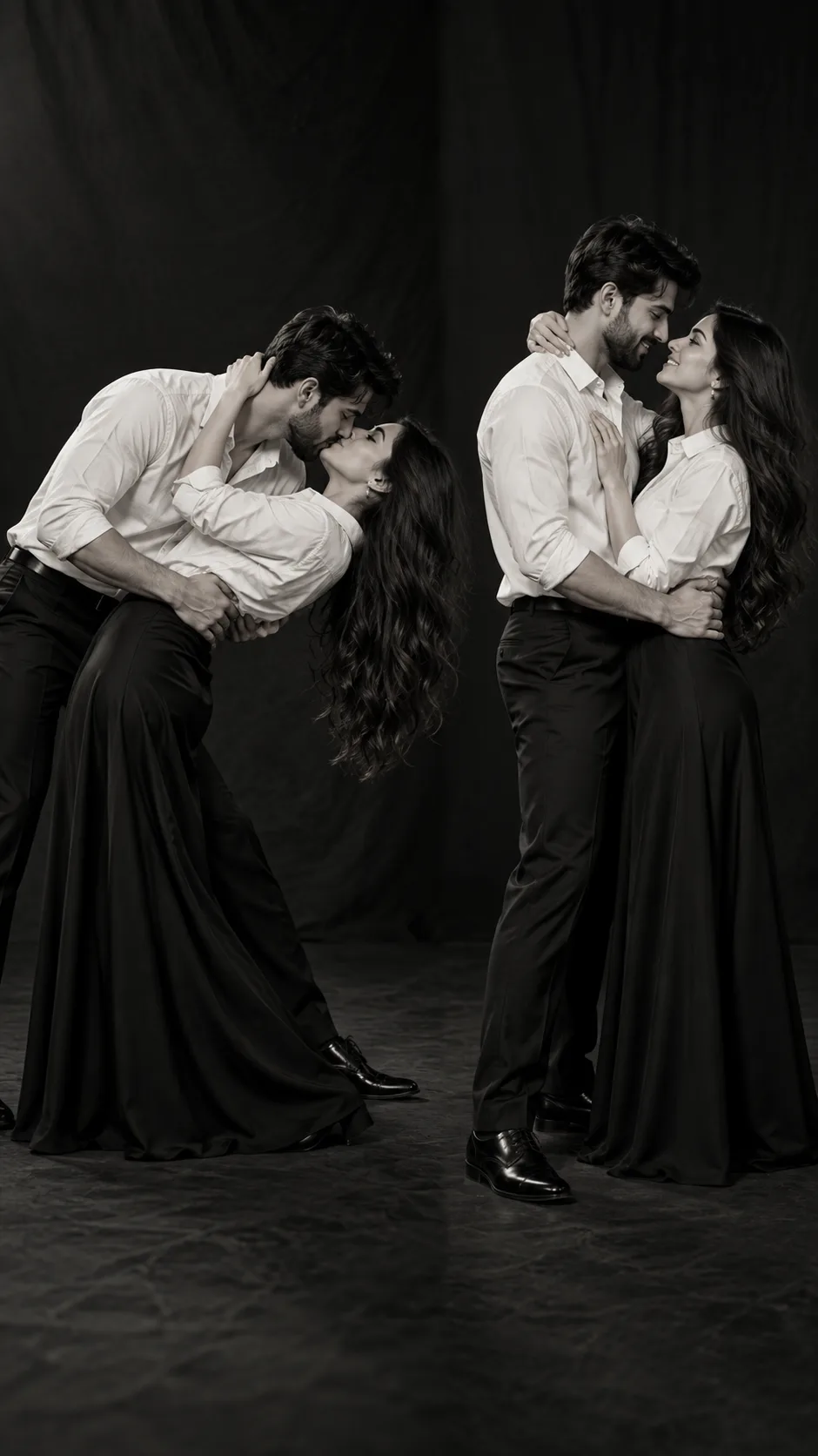 "Create an ultra-realistic black-and-white cinematic fashion photograph of an adult couple, closely matching the reference image’s