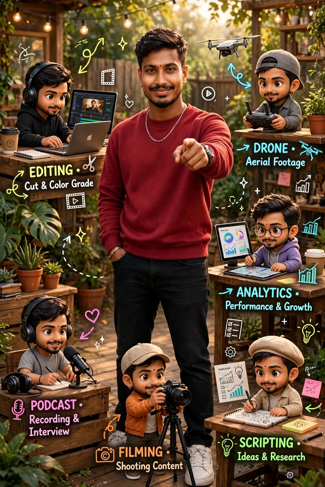 Ultra-realistic cinematic creative portrait of a young Indian content creator standing confidently at the center, same face as reference,