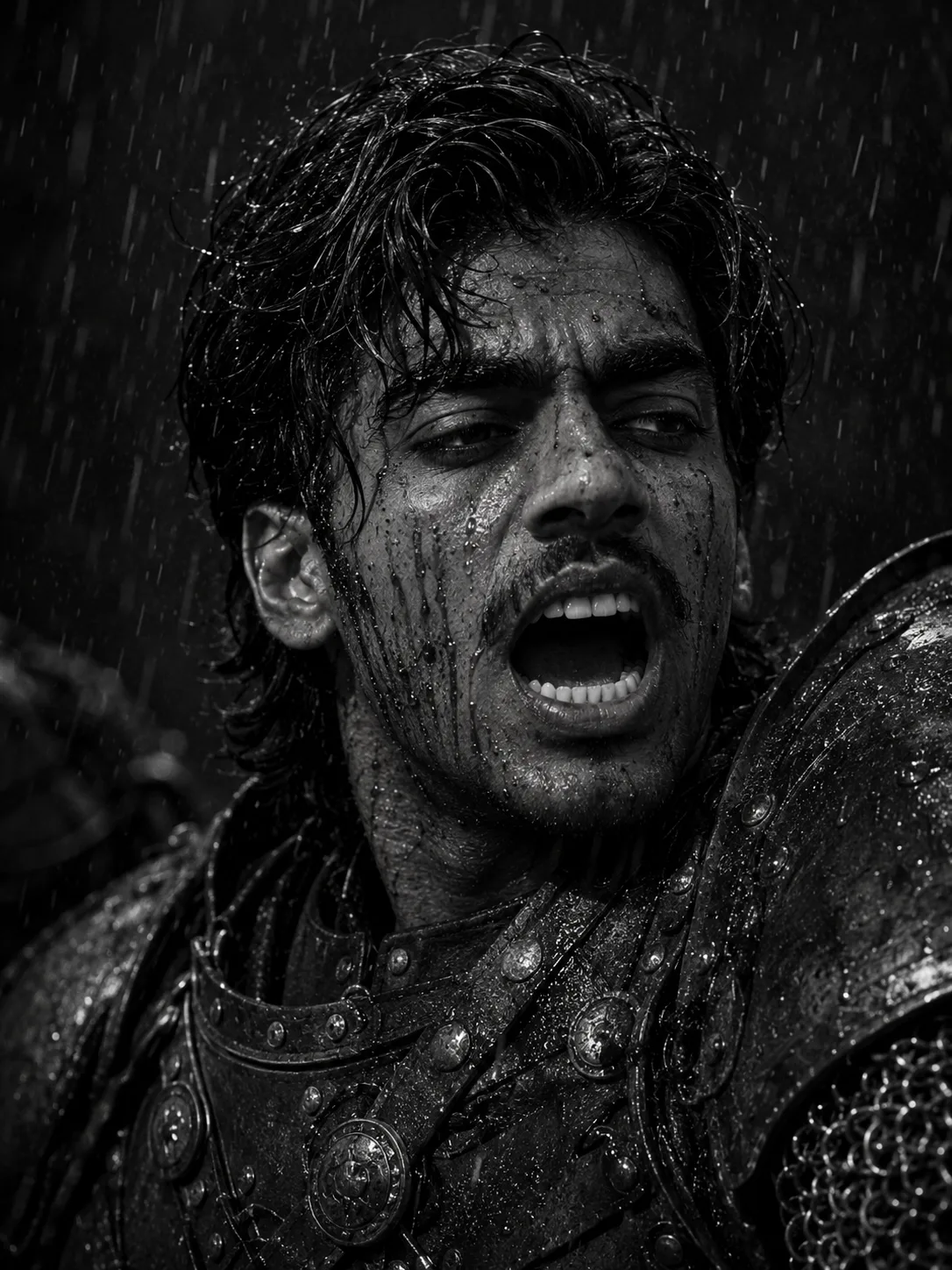 Exact Image Recreation Prompt Create a highly photorealistic cinematic black-and-white close-up portrait of a rugged medieval warrior,