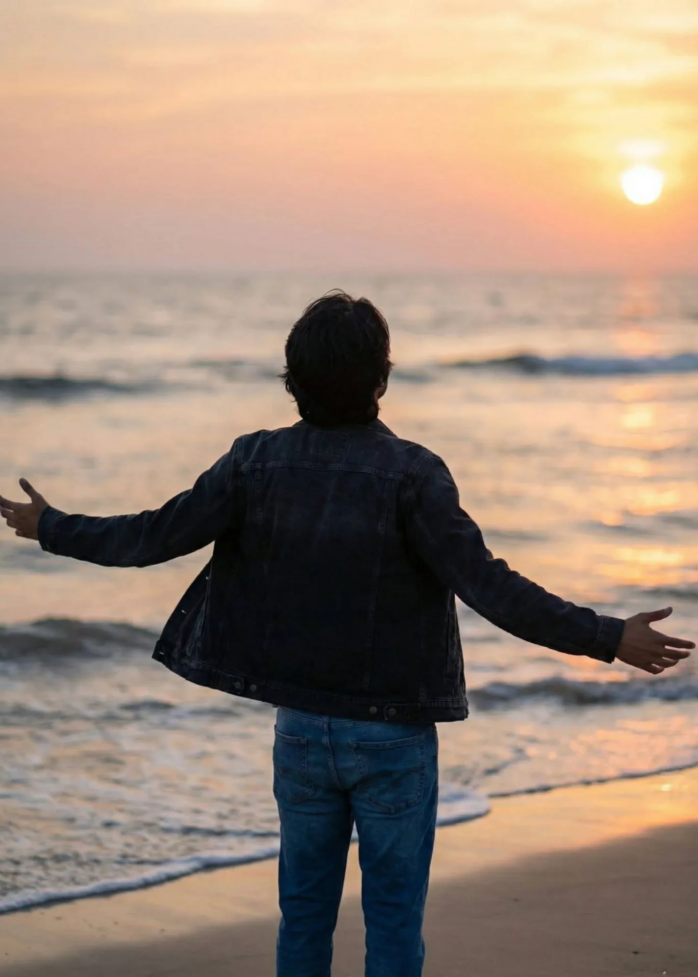 Create an ultra-realistic cinematic photograph of a young adult man standing alone on a sandy beach at sunset, viewed completely from