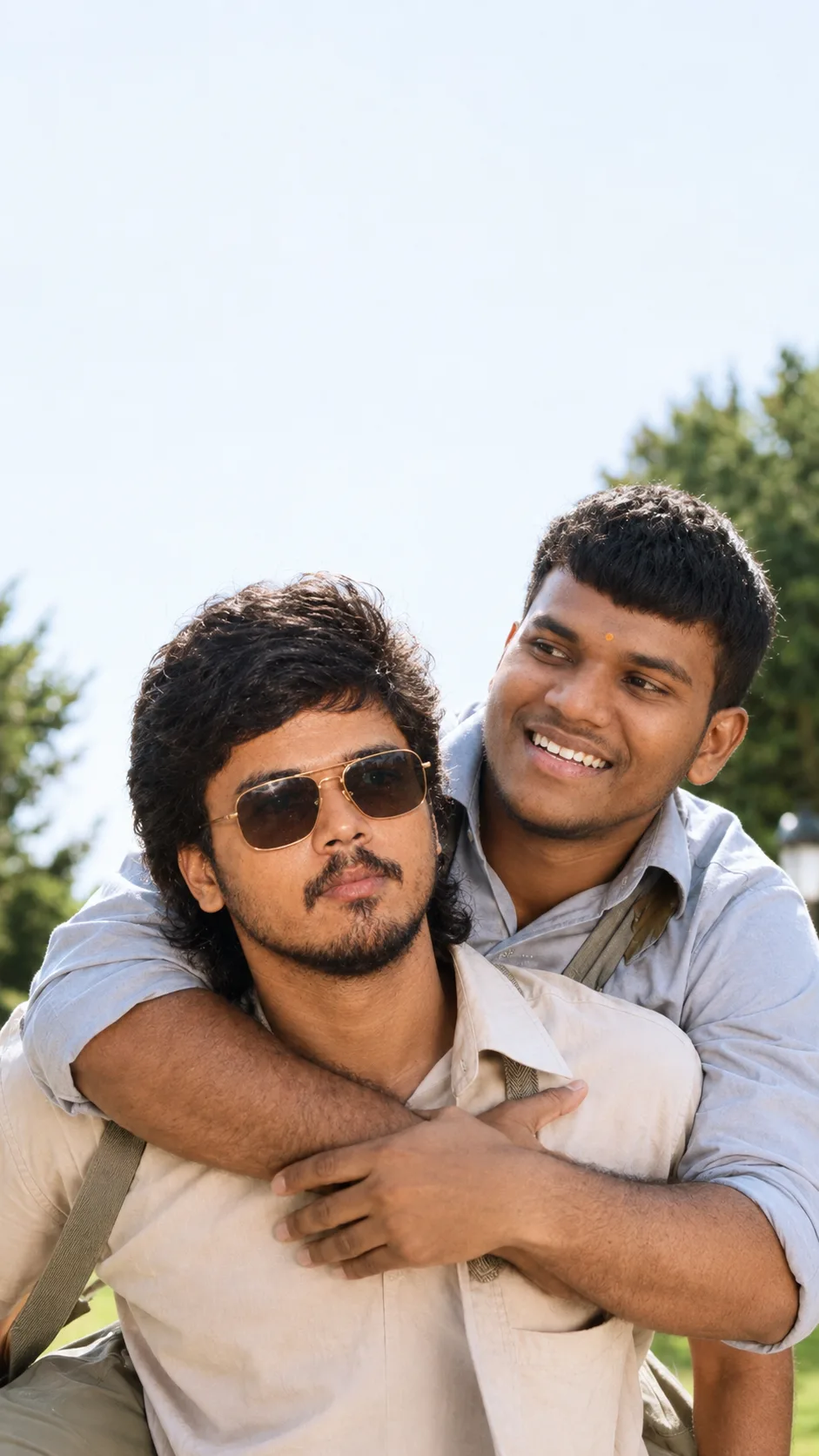 Create a photorealistic vertical 9:16 outdoor portrait of two young Indian men sharing a warm, playful moment.