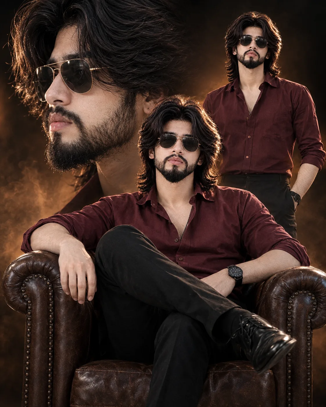 High-resolution portrait of a man in a deep maroon button-down shirt and black trousers.