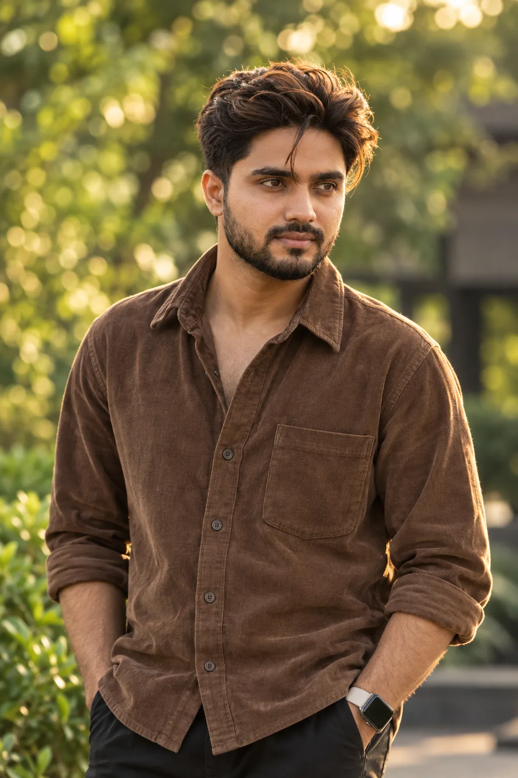 Ultra-realistic cinematic lifestyle portrait of a stylish young South Asian man standing casually outdoors in a lush green setting.