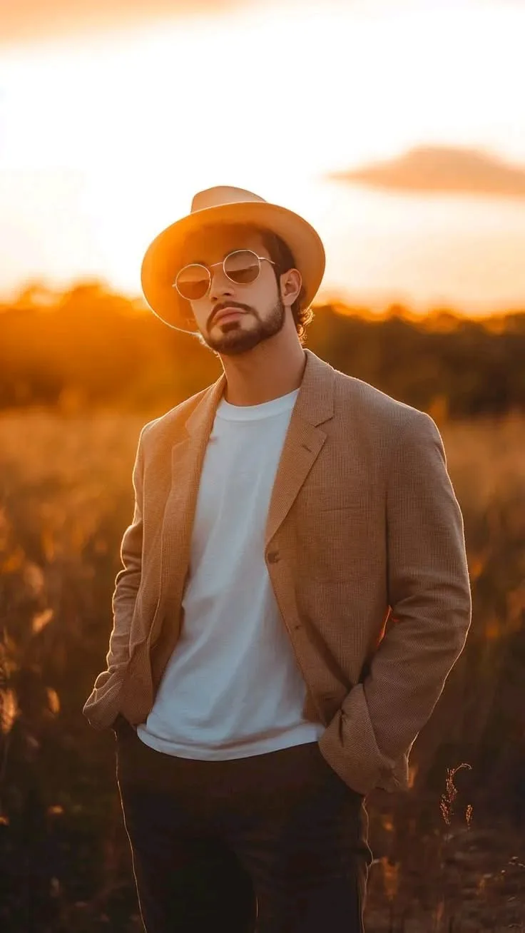 A high-end outdoor fashion portrait of a handsome young man with a well-groomed beard, posing confidently in a golden grassy field at