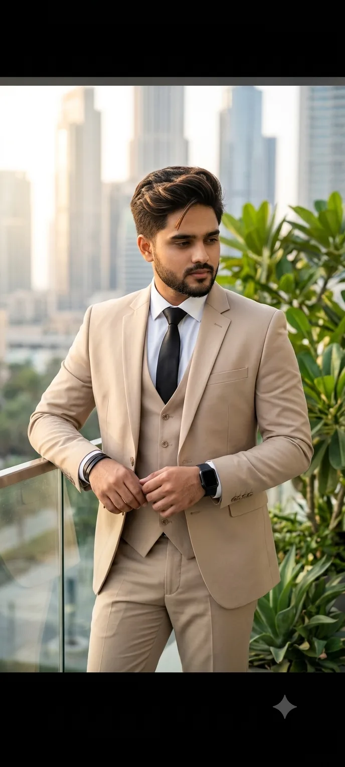 A high-quality, professional outdoor portrait of a handsome young man leaning against a glass balcony railing.