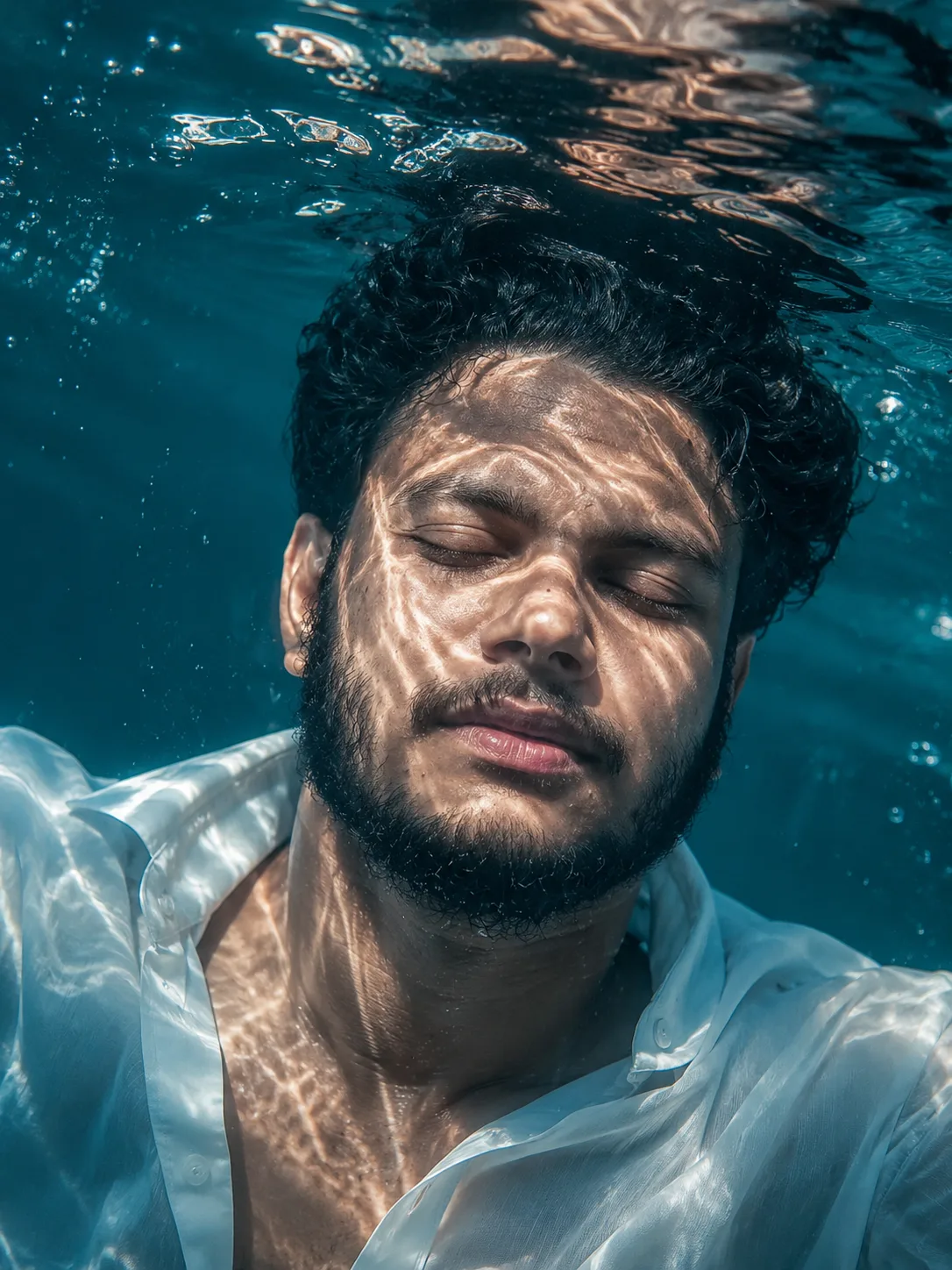 A cinematic underwater close-up portrait of a young South Asian man with thick curly black hair and a full dark beard, eyes closed in a