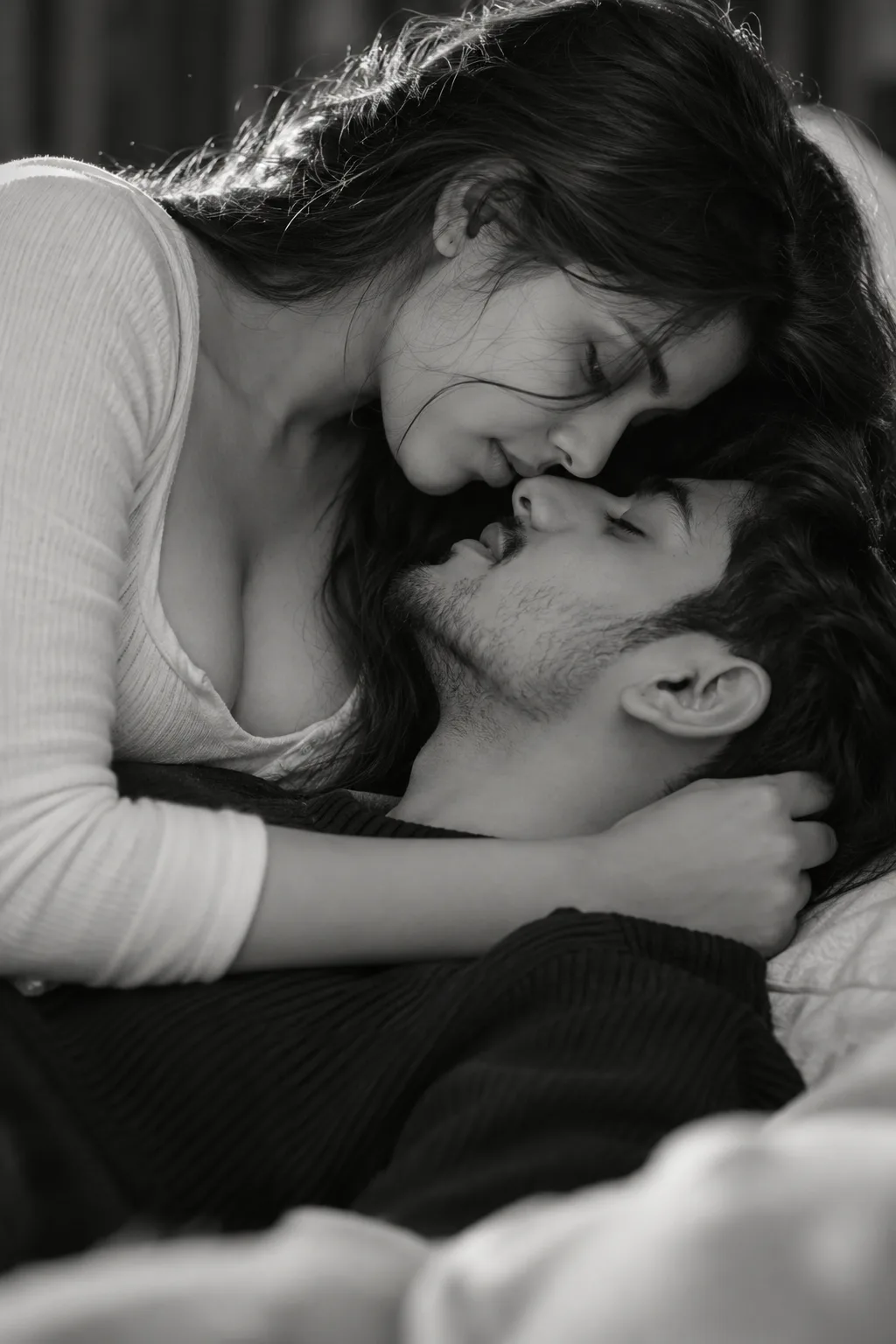 Create an ultra-realistic, high-resolution black-and-white cinematic couple portrait based closely on the uploaded reference image.