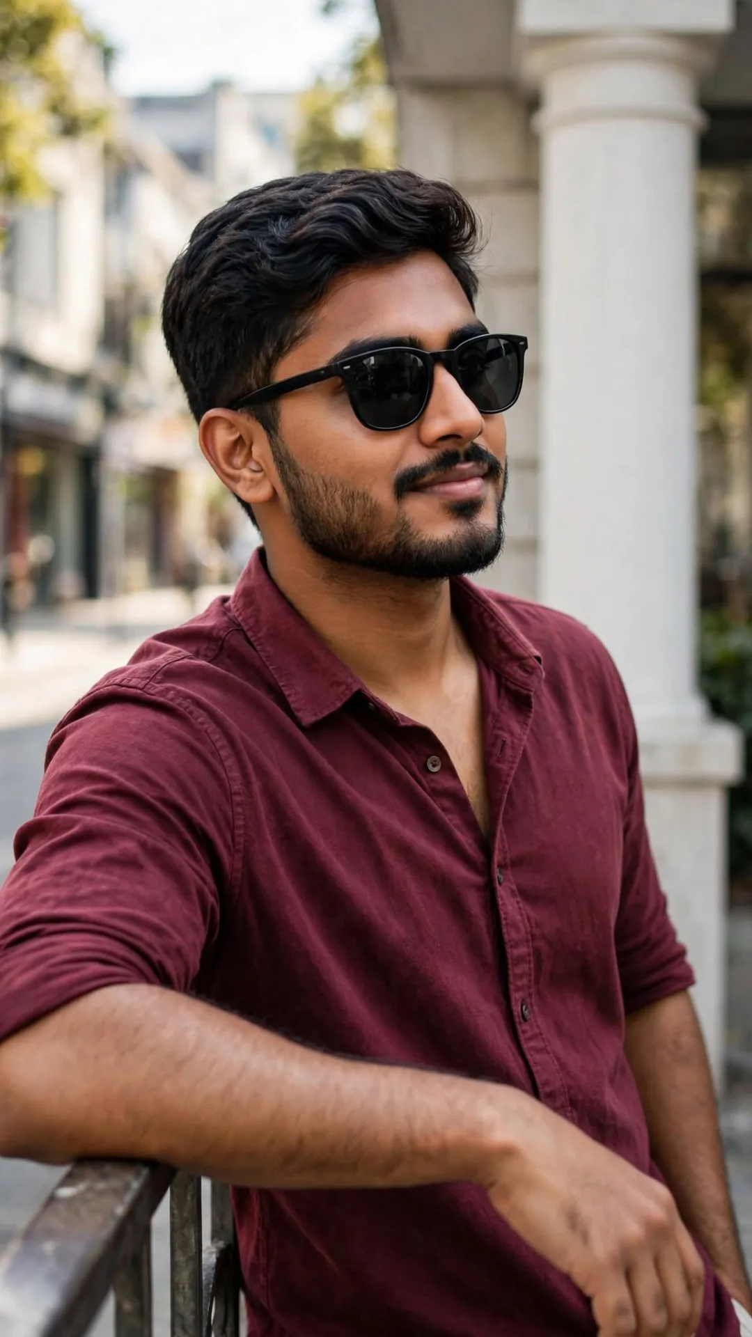 Stylish portrait of a young man with beard wearing black rectangular sunglasses and maroon linen shirt, leaning against white textured wall