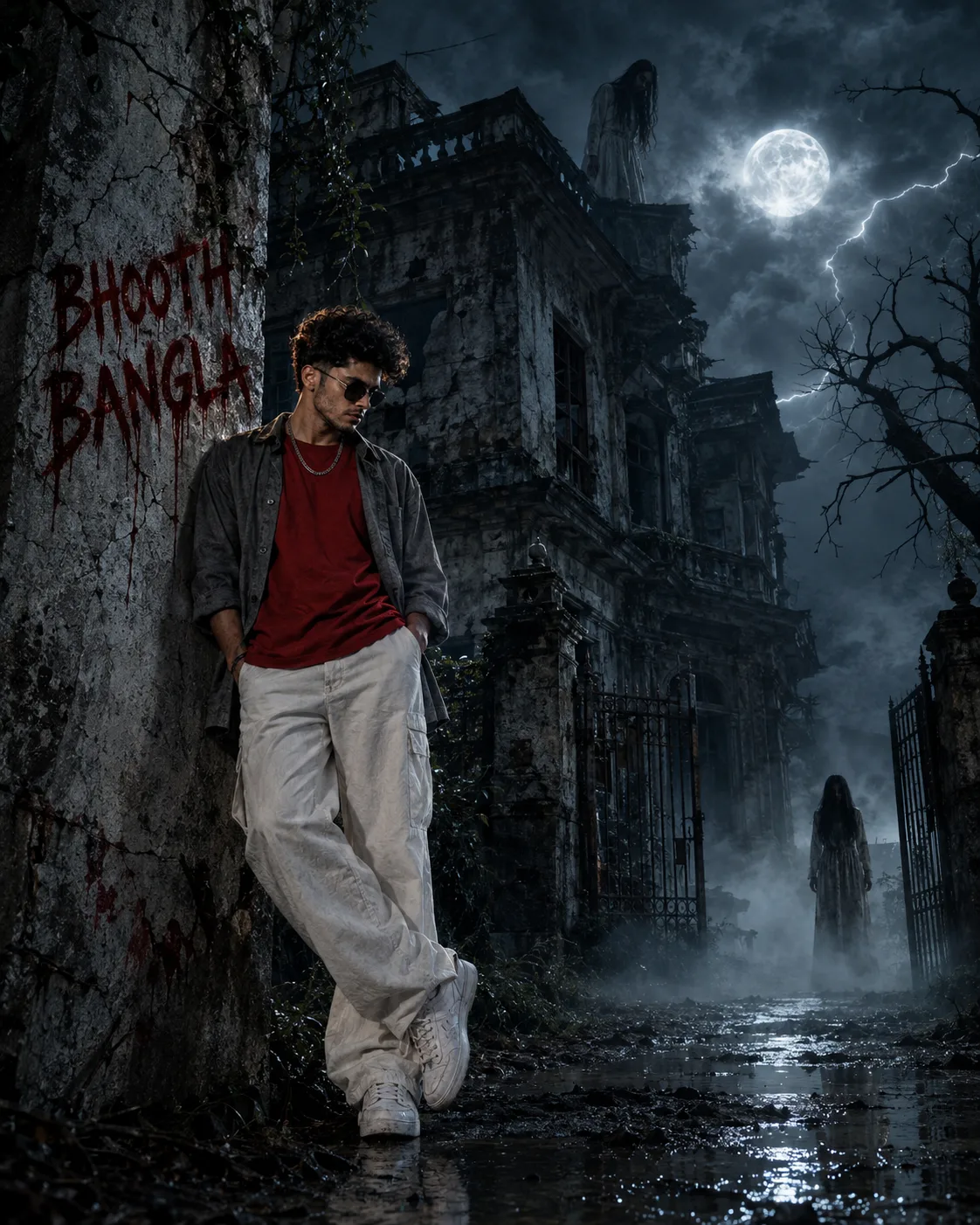 Ultra realistic horror cinematic poster of a young Indian man standing beside an abandoned haunted house at night, dark stormy atmosphere,