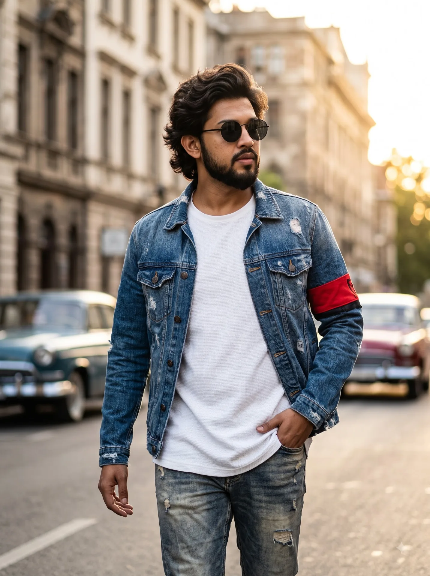 Ultra-realistic cinematic portrait of a stylish young man walking confidently on an open urban roadway.
