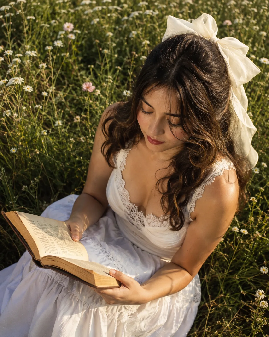 Original high-end lifestyle photo of an adult woman peacefully reading an open vintage book in a lush wildflower meadow.