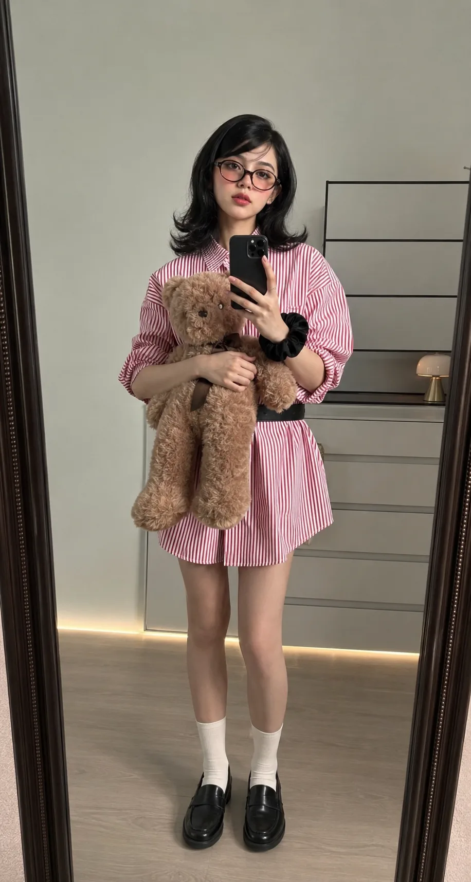 Create an ultra-realistic full-body mirror selfie of a young woman standing indoors in a cozy modern bedroom.