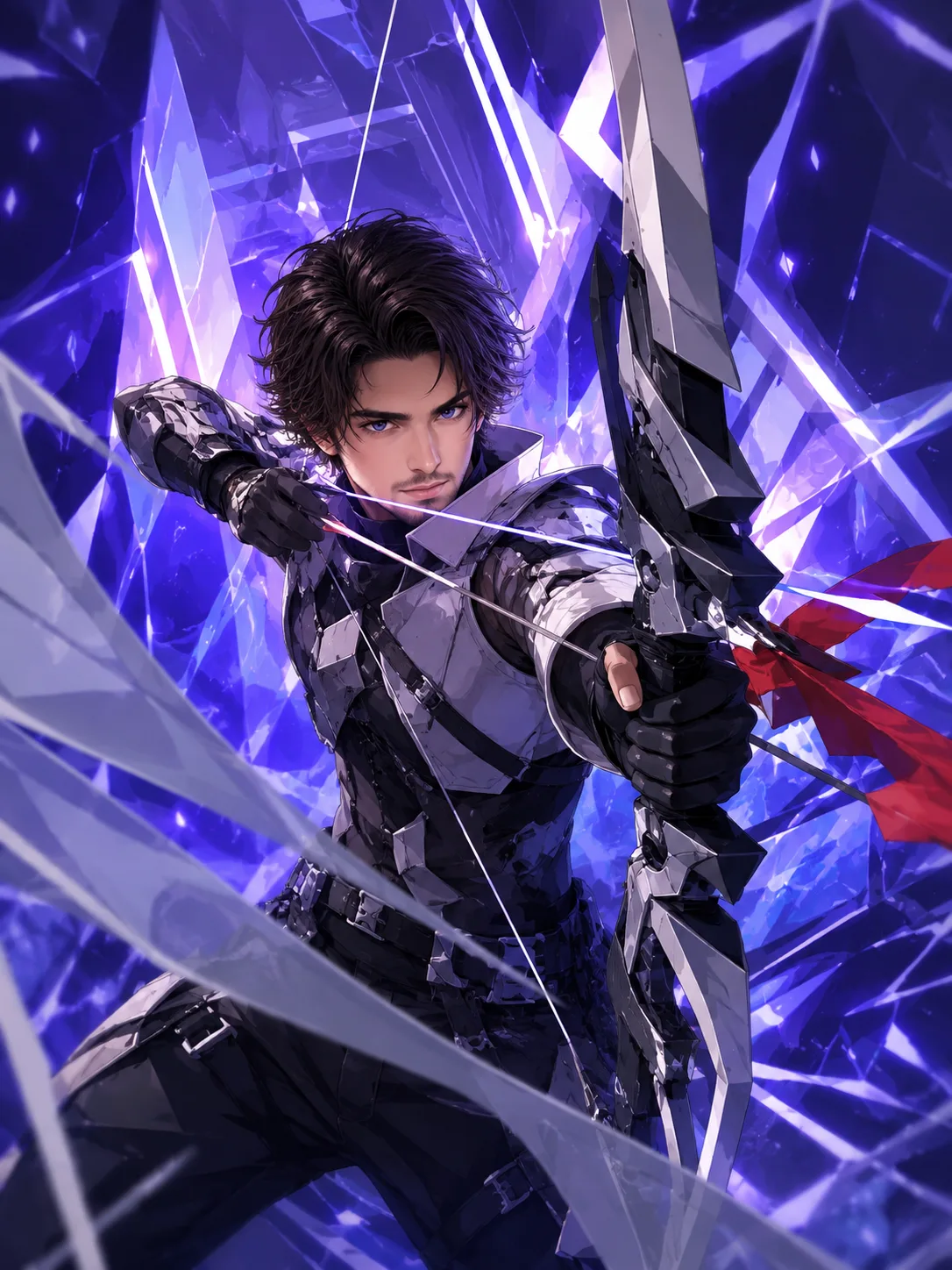 A high-quality stylized anime-inspired video game character illustration of a young male archer in a dynamic action pose, shown in a