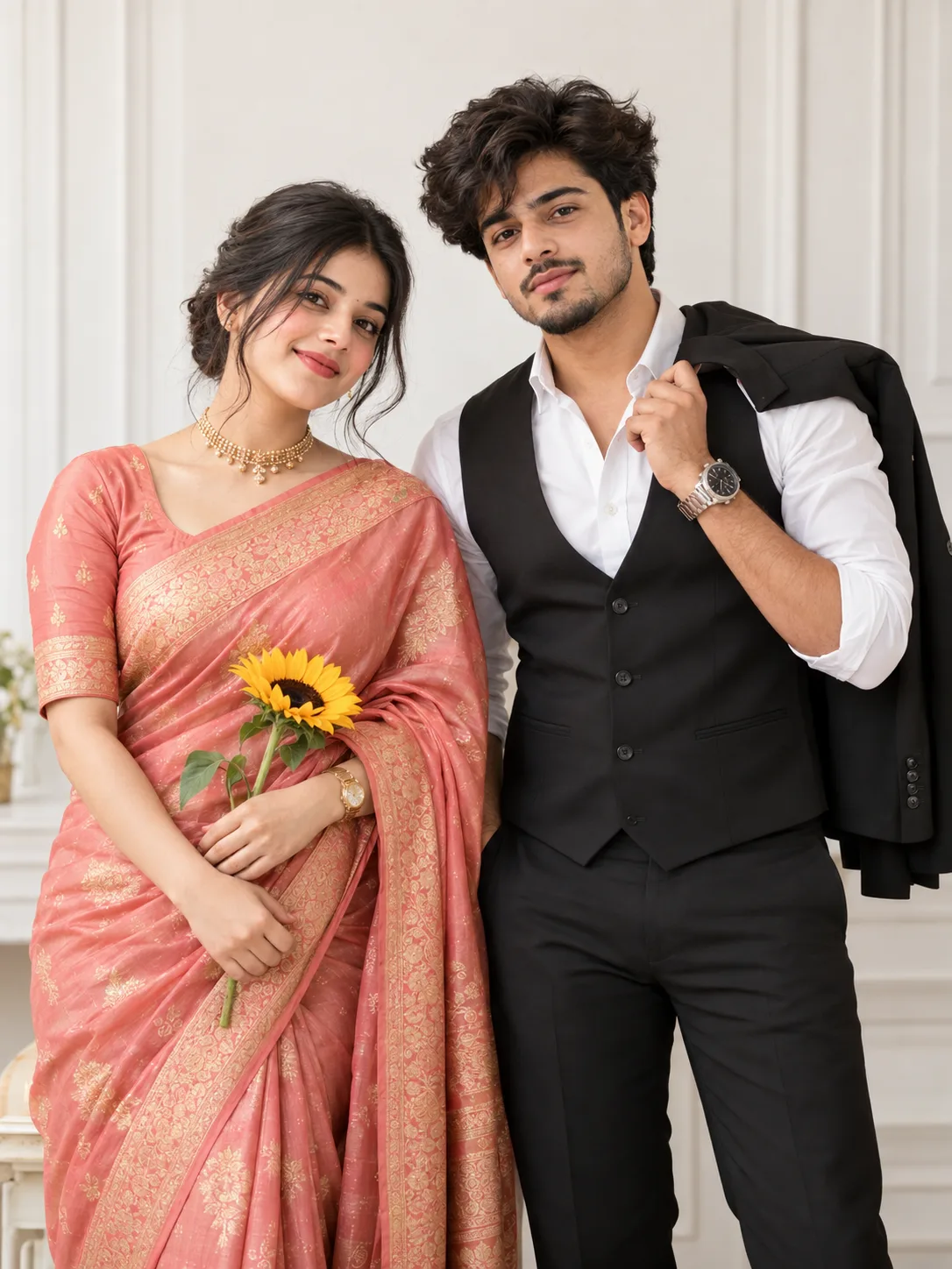 A highly realistic, medium studio portrait of a handsome young Indian couple posing gracefully together.