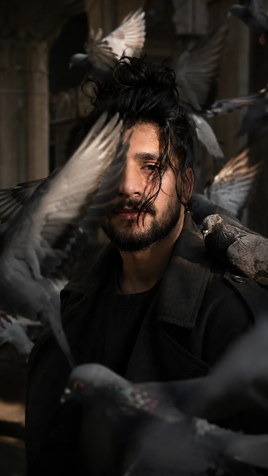 48k Hyper-realistic, A cinematic portrait of a young man(keep the facial features unchanged as uploaded image), his hair is messy manbun
