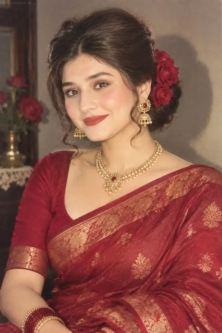 Create a highly detailed, photorealistic portrait of an elegant Indian woman wearing a luxurious deep maroon-red silk saree with intricate