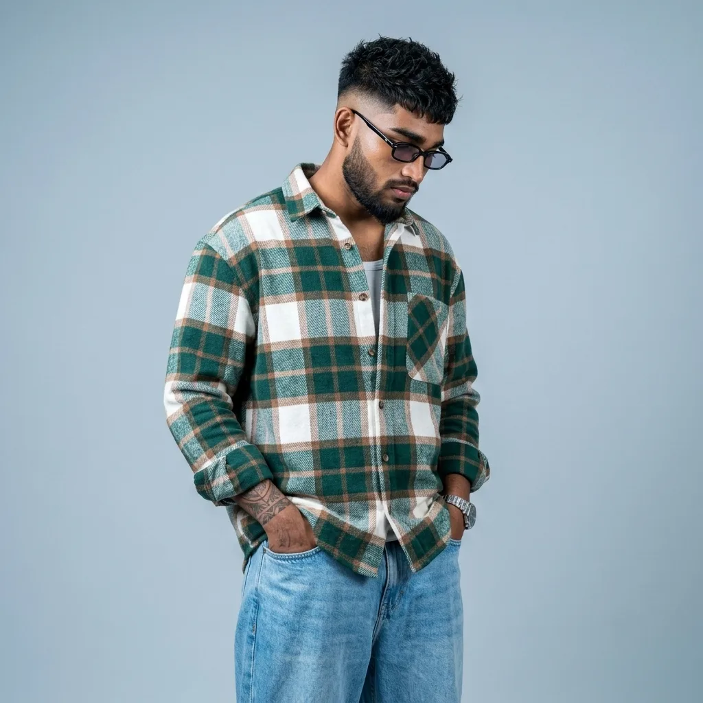 A photorealistic vertical medium shot in 1:1 square-like framing of the young South Asian man from the reference image, faithfully