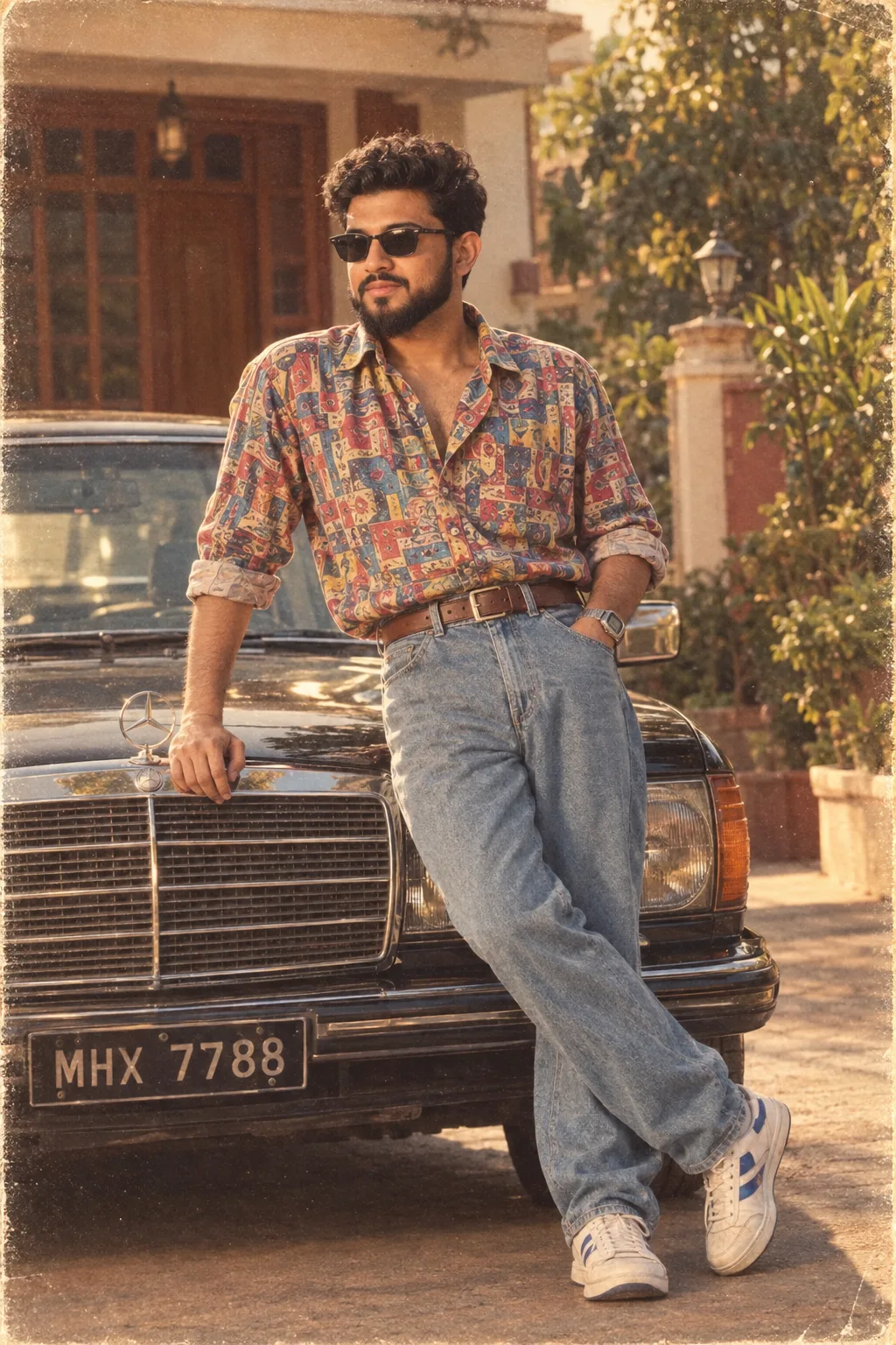 A stylish young man with curly hair, mustache and light beard, wearing black sunglasses, leaning casually on the front of a vintage black