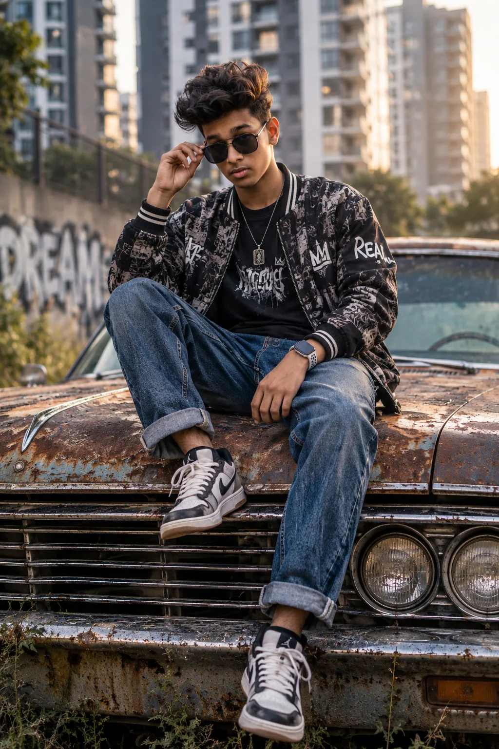 A realistic 8K portrait of a young man with stylish textured hair and sunglasses, sitting on the hood of an old, rusty vintage car in a