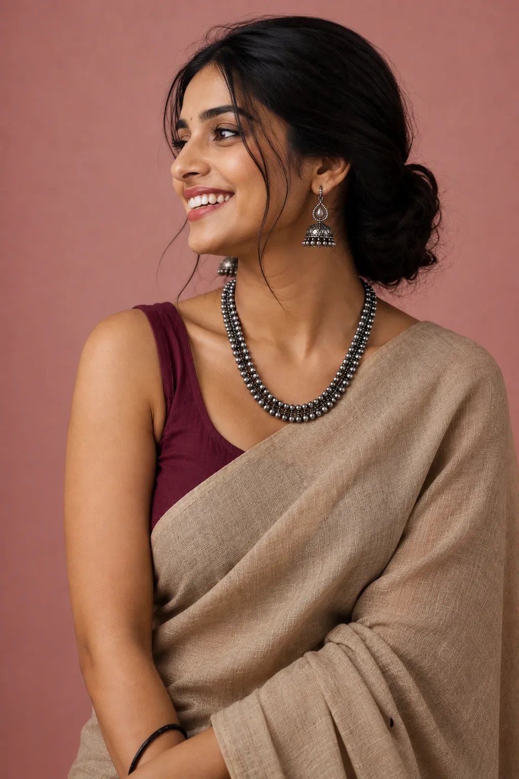 A beautiful Indian woman wearing a warm beige linen saree paired with a sophisticated black blouse, styled with a layered silver necklace