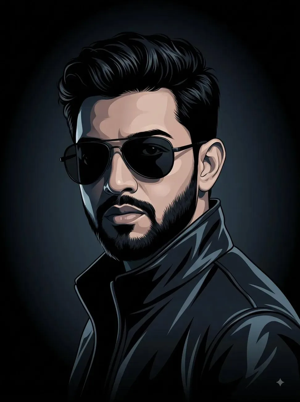 Ultra-detailed cinematic vector illustration of a stylish South Asian man with a strong masculine face, wearing black aviator sunglasses
