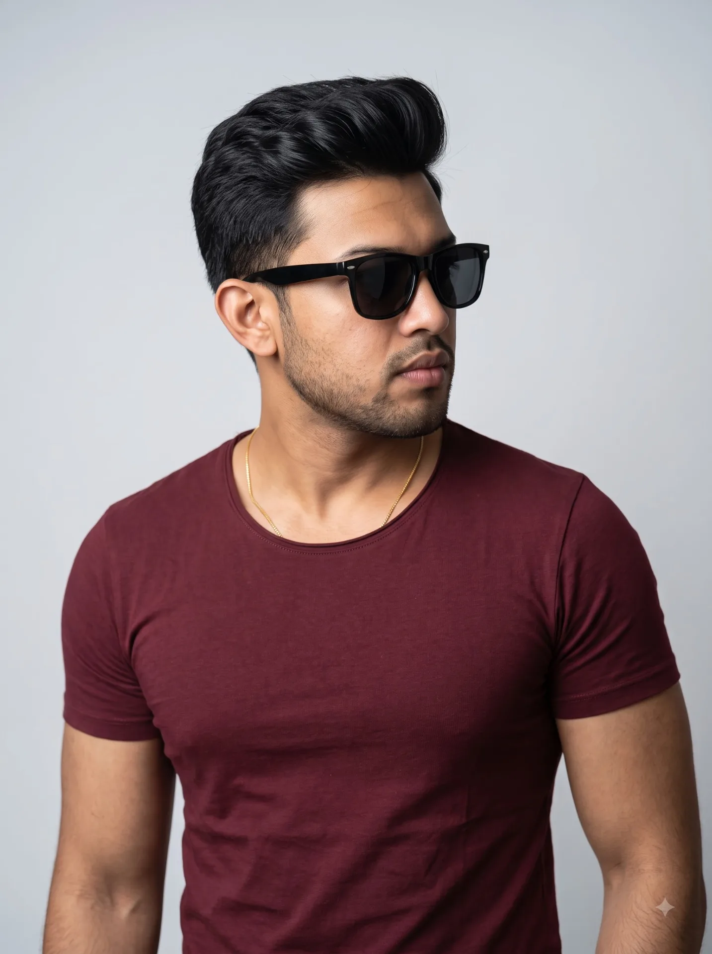 Ultra realistic studio fashion portrait of a handsome South Asian man wearing a fitted maroon scoop neck t-shirt, muscular physique, clean