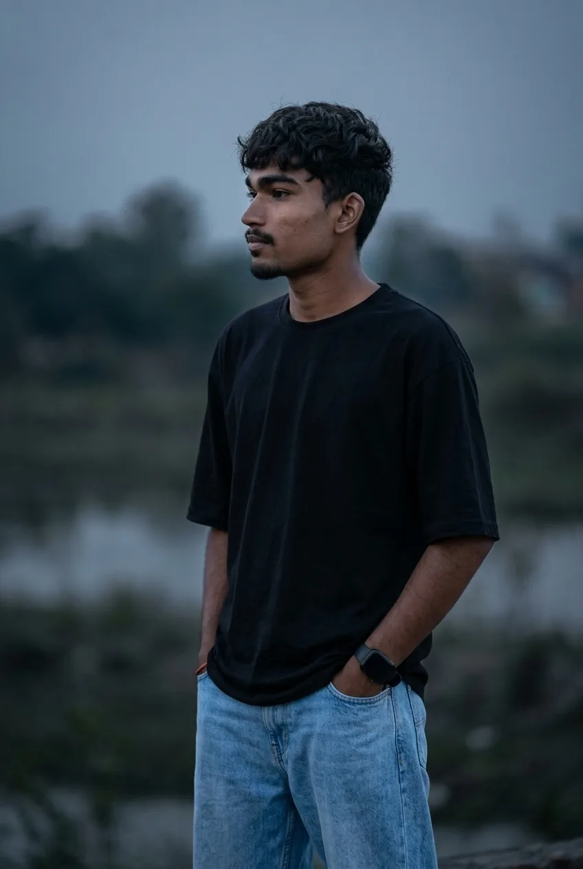 A photorealistic vertical medium shot of the young South Asian man from the reference image, faithfully preserving his recognizable facial