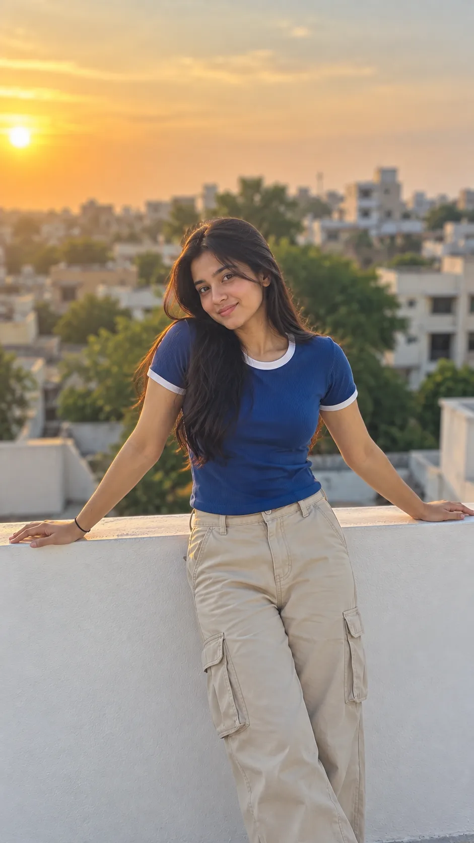 Create a highly realistic vertical 9:16 cinematic outdoor portrait of a beautiful young Indian woman standing casually on a clean white